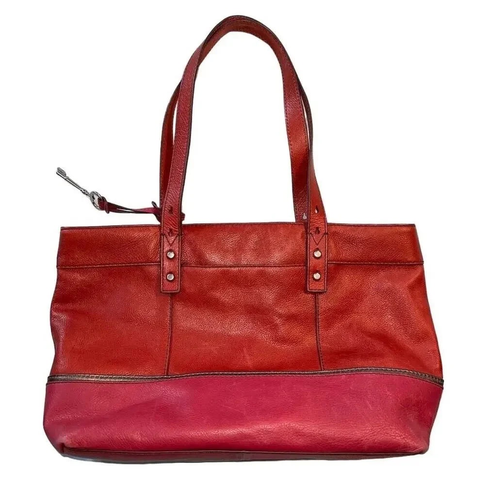 Fossil Hunter Leather Tote Bag Pink Red Zip Closure Key Charm Silver Hardware